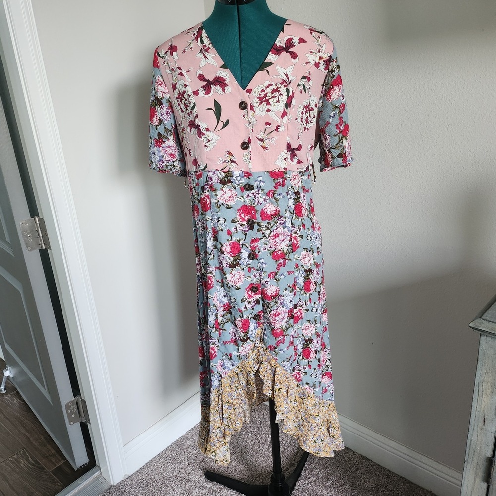 Umgee High Low Dress Womens Small Multicolor Floral Button Up High Waist